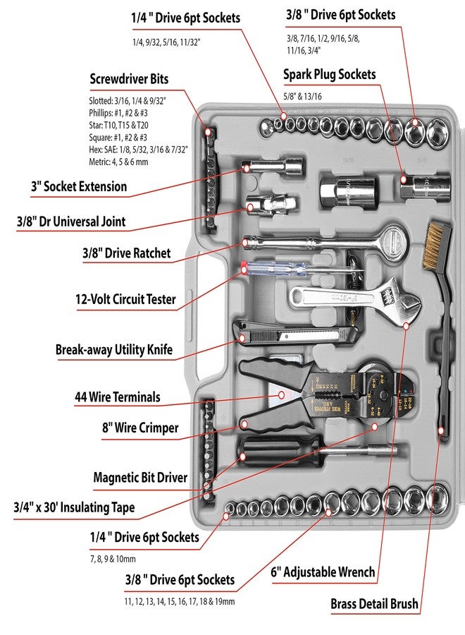 بيرفورمانس تول مجموعة أدوات متعددة الاستخدامات W1193 SAE/Metric من Performance Tool، أدوات يدوية منزلية عامة، مجموعة أدوات إصلاح السيارات، مع حقيبة تخزين بلاستيكية لصندوق الأدوات، رمادي، 119 قطعة - Image 4