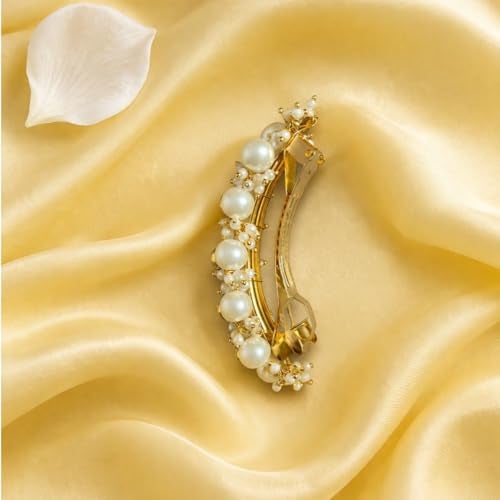Accessher Gold Plated Traditional Freshwater Pearls and Shining Golden Beads Embedded Hair Barrette/Hair Clip/Hair Accessory for Women and Girls Pack of 1 - Image 4