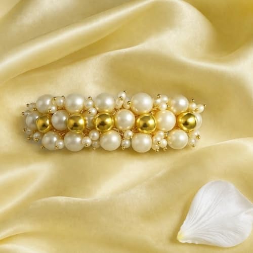 Accessher Gold Plated Traditional Freshwater Pearls and Shining Golden Beads Embedded Hair Barrette/Hair Clip/Hair Accessory for Women and Girls Pack of 1 - Image 2