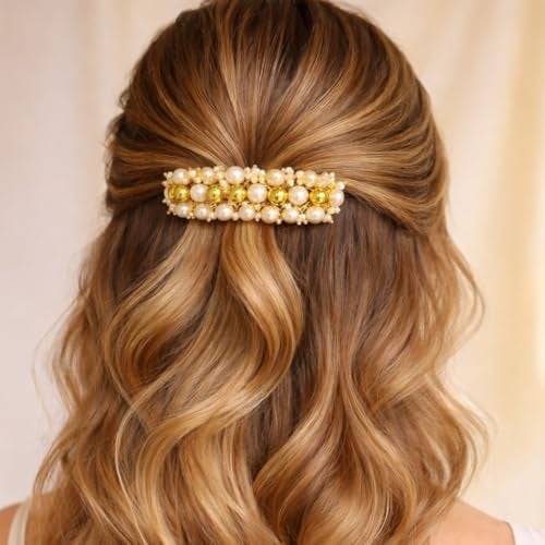 Accessher Gold Plated Traditional Freshwater Pearls and Shining Golden Beads Embedded Hair Barrette/Hair Clip/Hair Accessory for Women and Girls Pack of 1 - Image 3