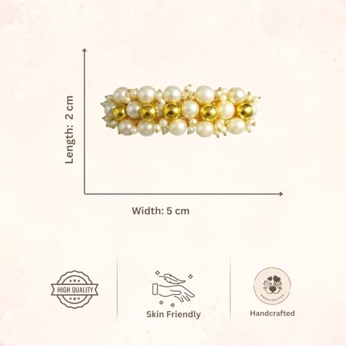 Accessher Gold Plated Traditional Freshwater Pearls and Shining Golden Beads Embedded Hair Barrette/Hair Clip/Hair Accessory for Women and Girls Pack of 1 - Image 5