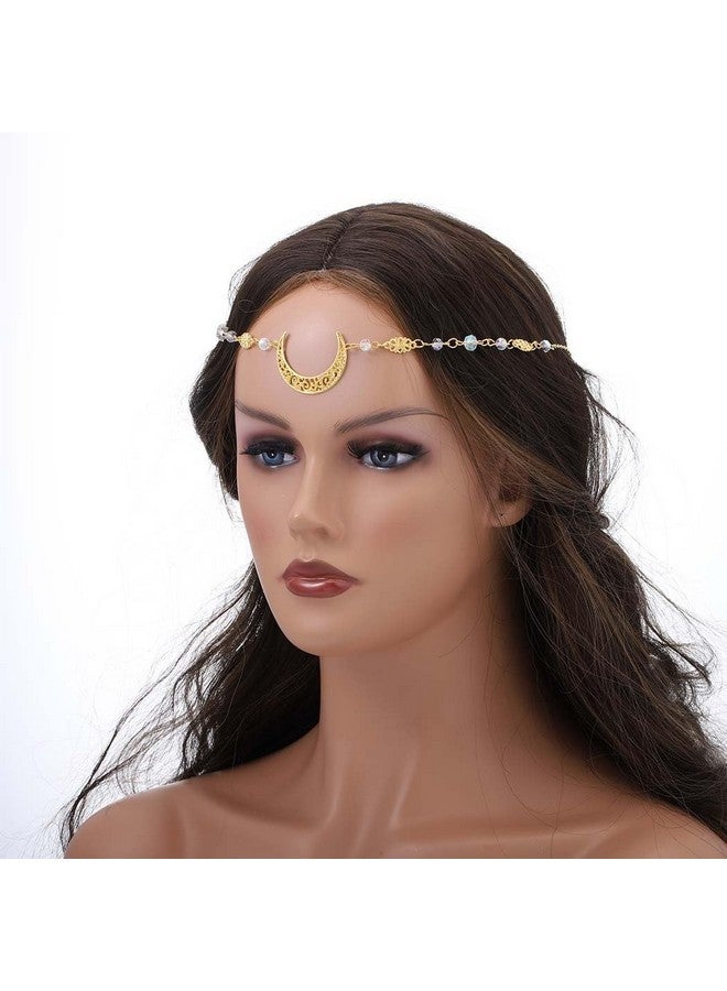 Aularso Vintage Rhinestone Head Chain Crescent Moon Headband Chain Crystal Headpieces Halloween Forehead Hair Accessories For Women And Girls (Goldwhite) - Image 2