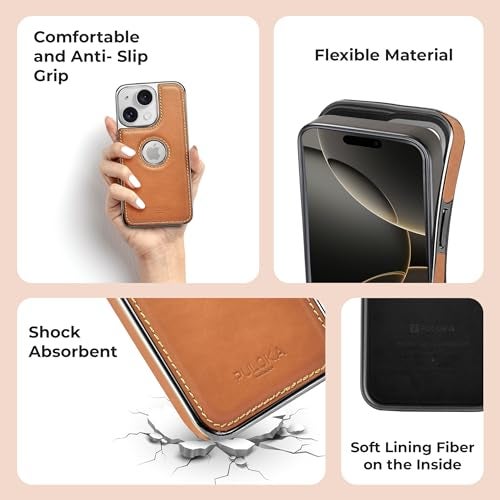 PULOKA Chrome Leather Back Case - Compatible with iPhone 15 - Luxury Bumper Case - Flexible Vegan Leather - Electroplated Sides & Logocut - Full Camera Protetection & Raised Edges - (Tan) - Image 5