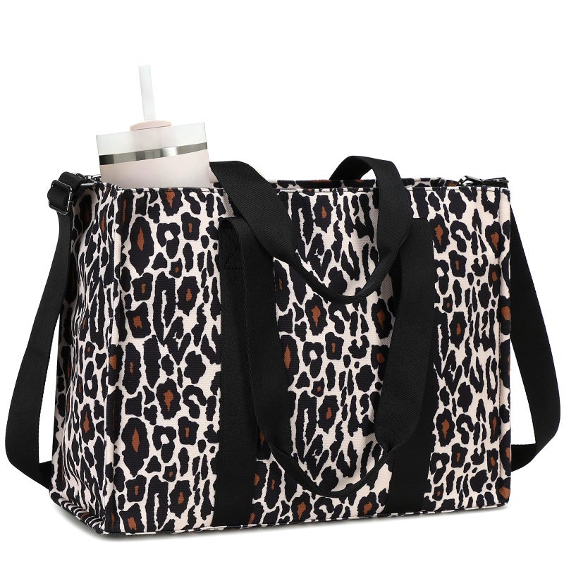BTOOP Laptop Tote Bag for Women Work 15.6 inch Canvas Shoulder Bags Computer Messenger Purse Teacher Handbag Office Briefcase (Leopard-Black) - Image 1