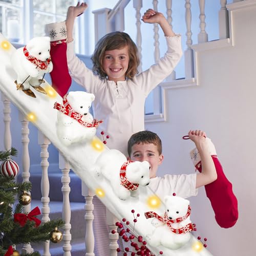 OOOFAYE Polar Bear Christmas Staircase Decorations Set Banister Christmas Decorations with 4PCS Skiing Polar Bears & Artificial Snow & LED Lamp Belt, for Home Interior Stairs Decor - Image 5