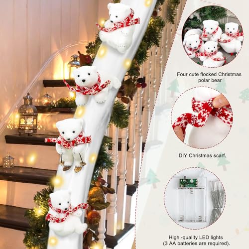 OOOFAYE Polar Bear Christmas Staircase Decorations Set Banister Christmas Decorations with 4PCS Skiing Polar Bears & Artificial Snow & LED Lamp Belt, for Home Interior Stairs Decor - Image 3