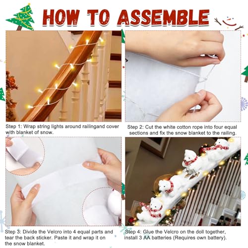 OOOFAYE Polar Bear Christmas Staircase Decorations Set Banister Christmas Decorations with 4PCS Skiing Polar Bears & Artificial Snow & LED Lamp Belt, for Home Interior Stairs Decor - Image 4