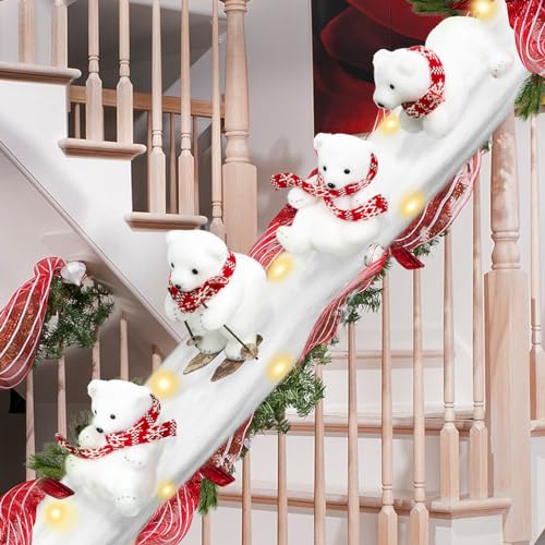 OOOFAYE Polar Bear Christmas Staircase Decorations Set Banister Christmas Decorations with 4PCS Skiing Polar Bears & Artificial Snow & LED Lamp Belt, for Home Interior Stairs Decor - Image 1