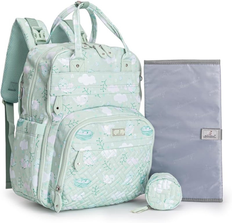 BabbleRoo Diaper Bag Backpack, Baby Essentials Travel Bag with Changing Pad, Stroller Straps & Pacifier Case, Green Birdy - Image 1