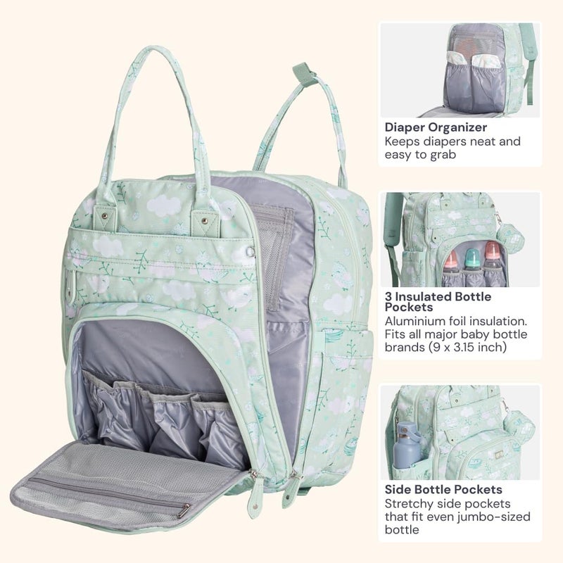 BabbleRoo Diaper Bag Backpack, Baby Essentials Travel Bag with Changing Pad, Stroller Straps & Pacifier Case, Green Birdy - Image 4