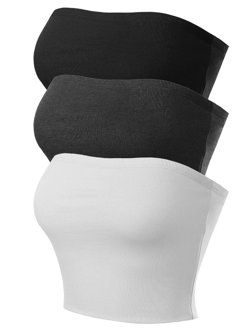 MixMatchy Women's Strapless Tube Tops Basic Bandeau Crop Sleeveless Backless Casual Sexy Going Out Summer 2025 3PACK - Black/Charcoal/White S - Image 1