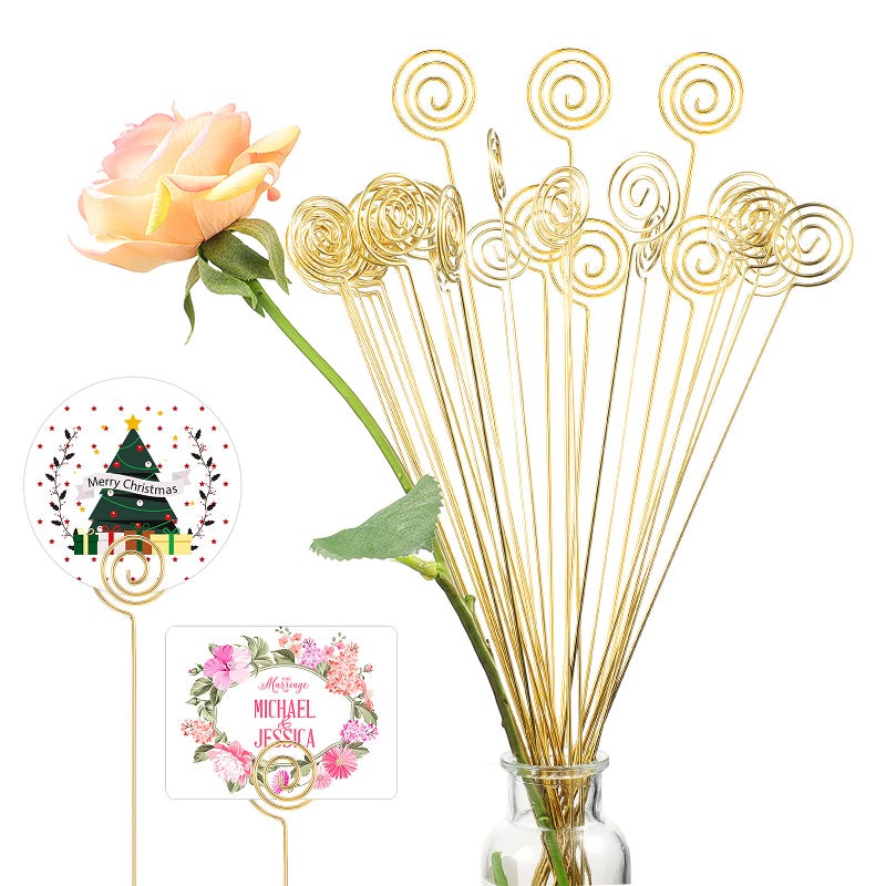 Zonon Zonon 30 Pcs Metal Wire Floral Picks Love Floral Place Card Holder Gold Table Number Picture Holder Clips Menu Note Memo for Wedding Birthday Party 13 InchCoil Style 