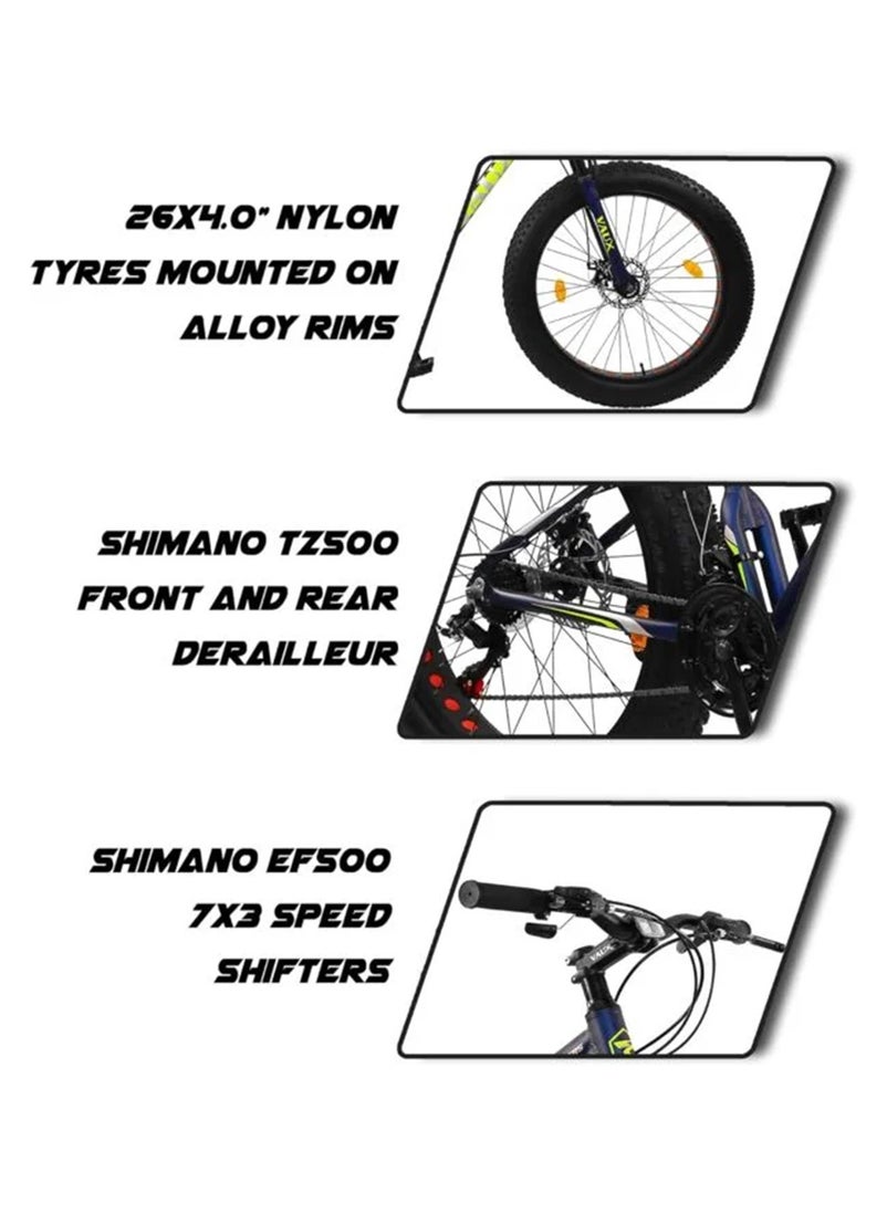 Vaux - Joggers Fat Bike Cycle For Men With 21 Speed Gear & Aluminum Alloy Frame - Big Tyre Cycle For Boys 15 Years With 26X4.0Inch Tyres - Lockout Front Suspension Fork & Double Disc Brakes - Blue - Image 1