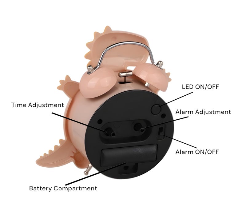 De'rons Twin Bell Analog Table Alarm Clock for Heavy Sleepers with Backlight Alarm Clock for Study Table Funny Cute Dinosaur Cartoon Shape Alarm Clock for Kids Girls Boys Bedroom 12.5 x 14 cm (Peach) - Image 3