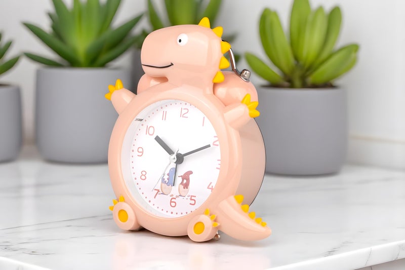 De'rons Twin Bell Analog Table Alarm Clock for Heavy Sleepers with Backlight Alarm Clock for Study Table Funny Cute Dinosaur Cartoon Shape Alarm Clock for Kids Girls Boys Bedroom 12.5 x 14 cm (Peach) - Image 2