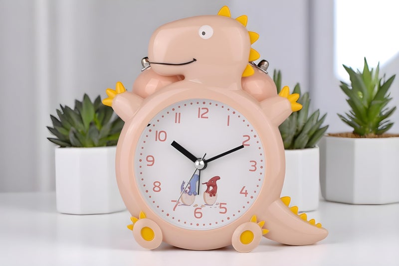 De'rons Twin Bell Analog Table Alarm Clock for Heavy Sleepers with Backlight Alarm Clock for Study Table Funny Cute Dinosaur Cartoon Shape Alarm Clock for Kids Girls Boys Bedroom 12.5 x 14 cm (Peach) - Image 1
