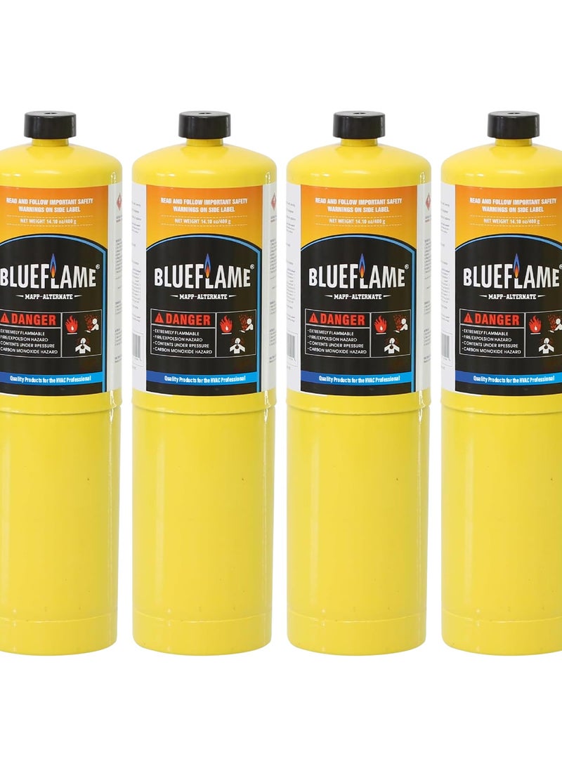 BlueFlame MAPP ALTERNATE Cylinder Pack of 4 – 99.9% High-Purity Propylene for Superior Heat – Hotter than Standard Propane Tanks – Ideal for Welding, Brazing, Soldering, and Modern Cuisines 14.1 oz - Image 1