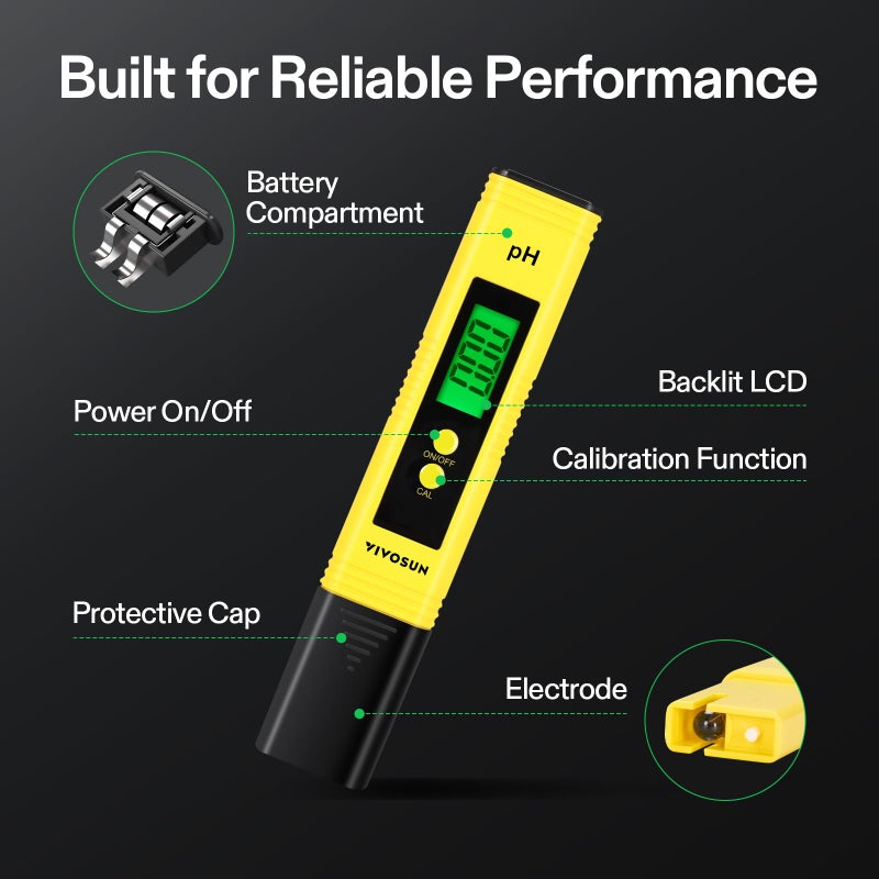 VIVOSUN Digital pH Meter, 0.01pH High Accuracy Pen Type pH Tester for Hydroponics, Household Drinking, Pool and Aquarium, Yellow, UL Certified - Image 3
