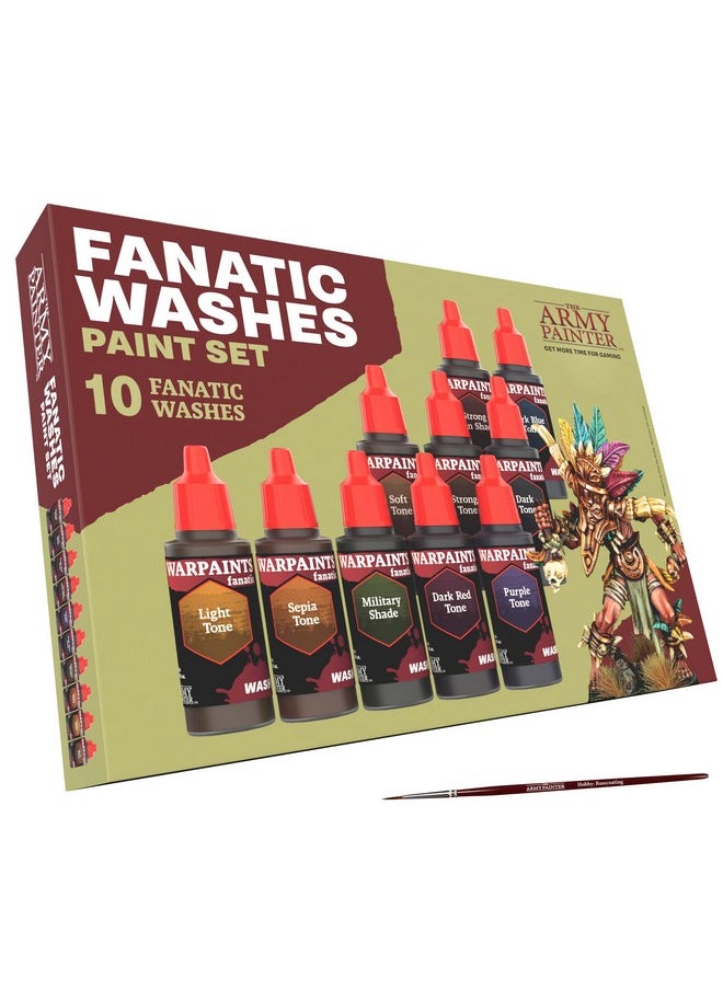 The Army Painter The Army Painter Warpaints Fanatic: Washes Paint Set Combo, Set of 10 Acrylic Paints in 18ml Dropper Bottles to Wash and Shade Miniature Models, Plus 1 Free Basecoating Brush  - Image 1