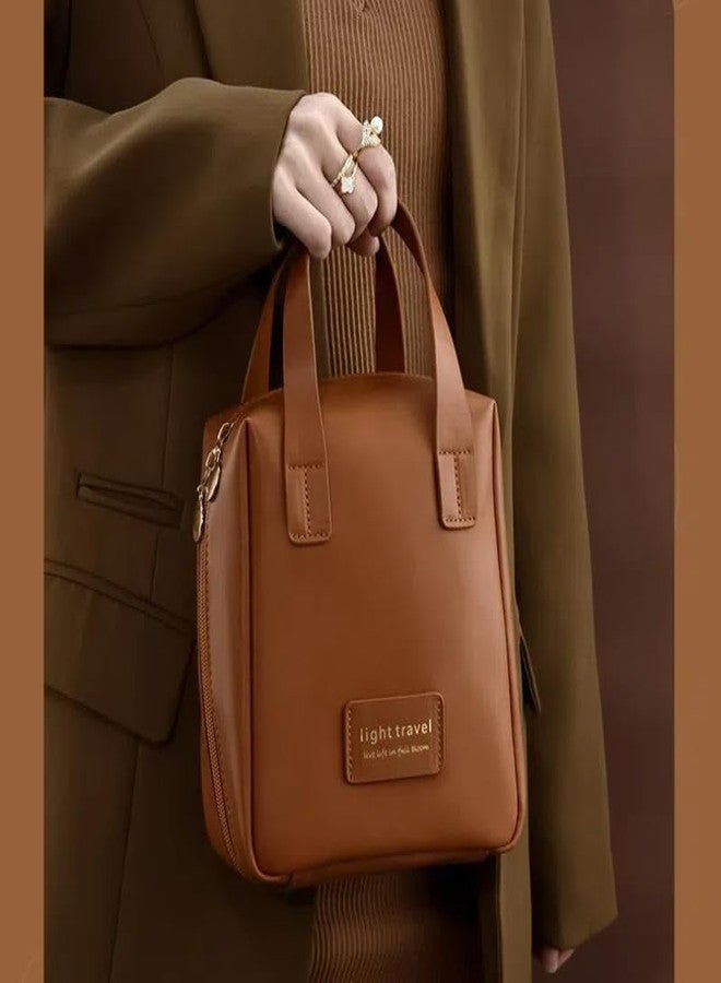 GONIPIMI Morden Makeup Bag Large Portable Cosmetic Bag for Women Cute Cosmetic Bag Travel Toiletry Bag PU Leather Waterproof-Travel Organizer Make Up Bag with Divider and Handle (Brown) - Image 2