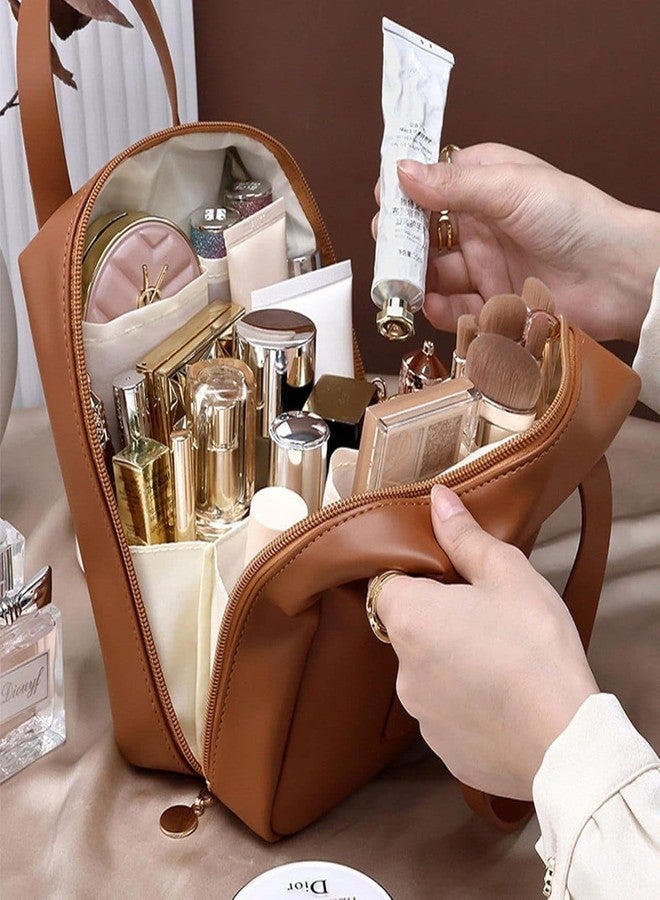 GONIPIMI Morden Makeup Bag Large Portable Cosmetic Bag for Women Cute Cosmetic Bag Travel Toiletry Bag PU Leather Waterproof-Travel Organizer Make Up Bag with Divider and Handle (Brown) - Image 1