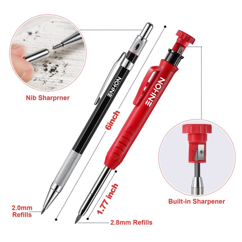 Enhon 6 Pack Carpenter Pencil with Sharpener, Mechanical Carpenter Pencils with 36 Refills, Heavy Duty Construction Pencil Woodworking Tools for Architect Marking - Image 2