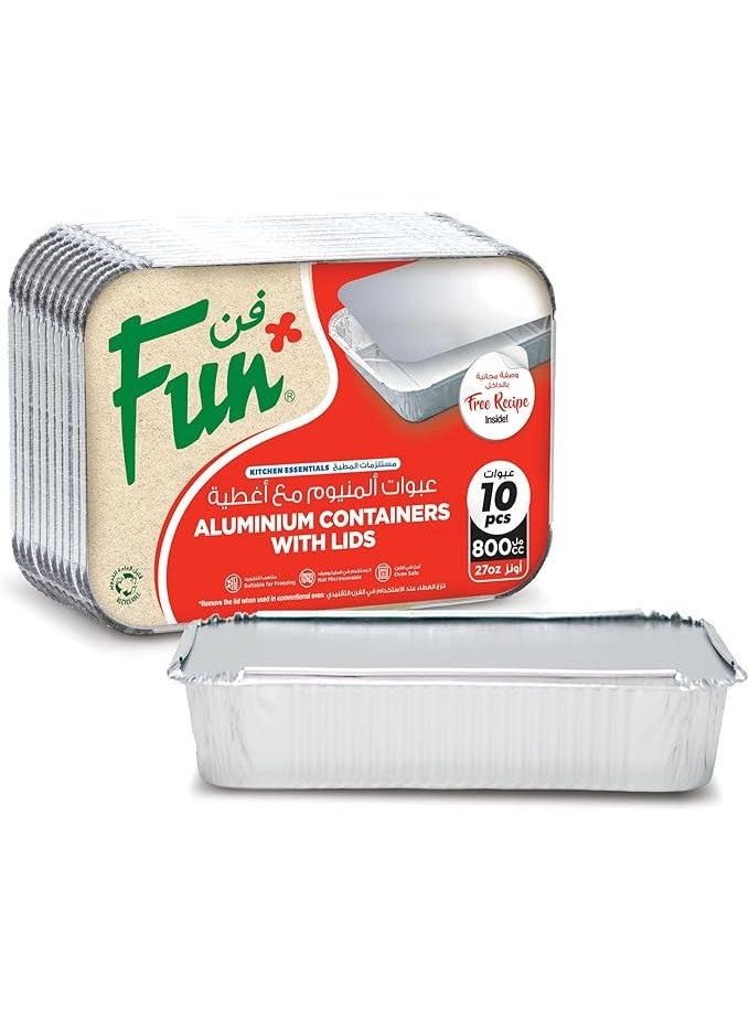 فن حاويات ألومنيوم بأغطية سعة 800 سم مكعب (عبوة من 10 قطع) - حاويات تخزين طعام مانعة للتسرب، متينة لتحضير الوجبات والغداء والاستخدام في المطبخ - Image 1