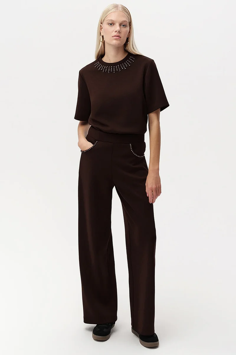 EXQUISE Stone Detail Wide Leg Regular Pants