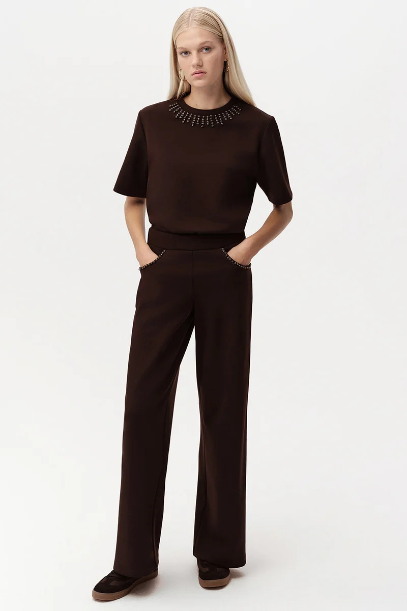 Exquise Stone Detail Wide Leg Regular Pants