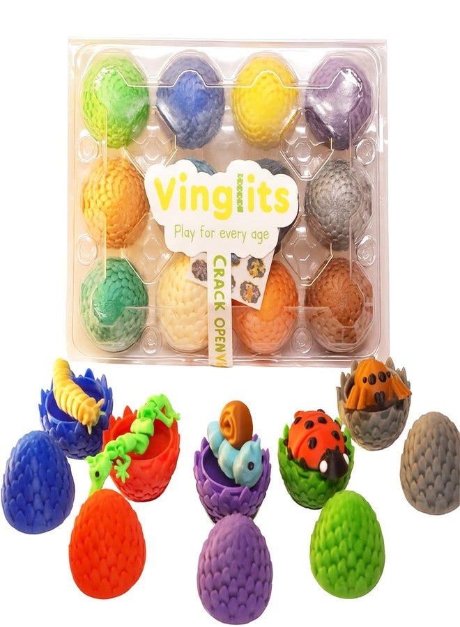 Vinglits Mystery Eggs – 3D Printed Animal Fidget Toys – Collectible Fidget Toys – Farm, Wild, Aqua, Bug, and Fantasy Themes – Packs of 2, 6, or 12 – Fun for Kids & Gifting (Bugsy & Scaly, Pack of 12) - Image 1