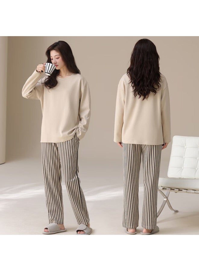 Langsha New Couple Pajamas Long Sleeve Spring Autumn Solid Color Striped Crew Neck Homewear For Youth Men And Women