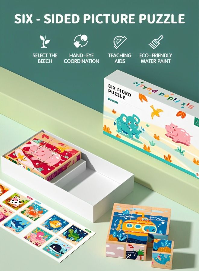 GROIC 2 PCS Wooden Block Puzzles Toys Montessori Learning Games Educational Interactive Toddler Six Sides Painting Pattern Jigsaw Vehicle Blocks Cube 6 in 1 - Image 2