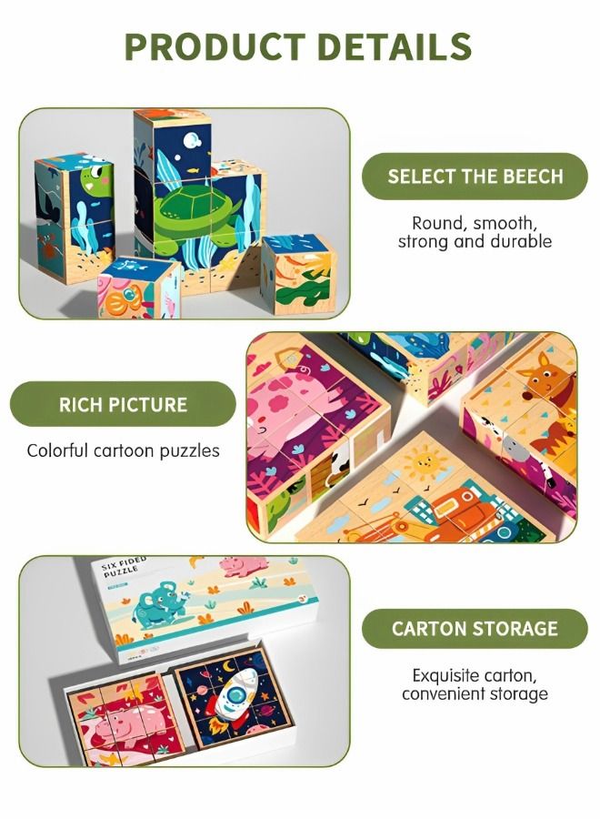 GROIC 2 PCS Wooden Block Puzzles Toys Montessori Learning Games Educational Interactive Toddler Six Sides Painting Pattern Jigsaw Vehicle Blocks Cube 6 in 1 - Image 3