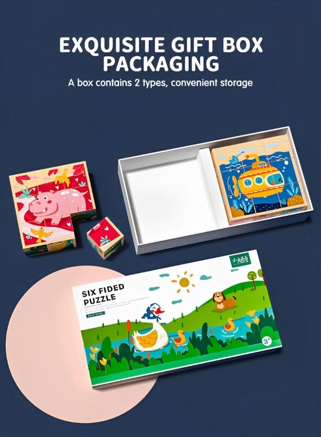 GROIC 2 PCS Wooden Block Puzzles Toys Montessori Learning Games Educational Interactive Toddler Six Sides Painting Pattern Jigsaw Vehicle Blocks Cube 6 in 1 - Image 4