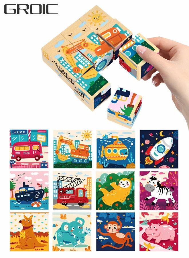 GROIC 2 PCS Wooden Block Puzzles Toys Montessori Learning Games Educational Interactive Toddler Six Sides Painting Pattern Jigsaw Vehicle Blocks Cube 6 in 1 - Image 1