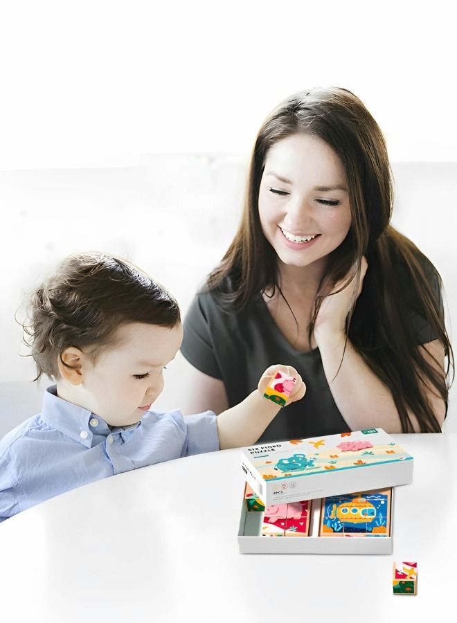 GROIC 2 PCS Wooden Block Puzzles Toys Montessori Learning Games Educational Interactive Toddler Six Sides Painting Pattern Jigsaw Vehicle Blocks Cube 6 in 1 - Image 5