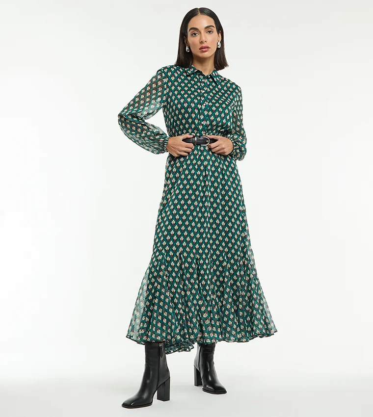 بي سي بي جي BCBG PRINTED SATIN MAXI SHIRT DRESS WITH BELT