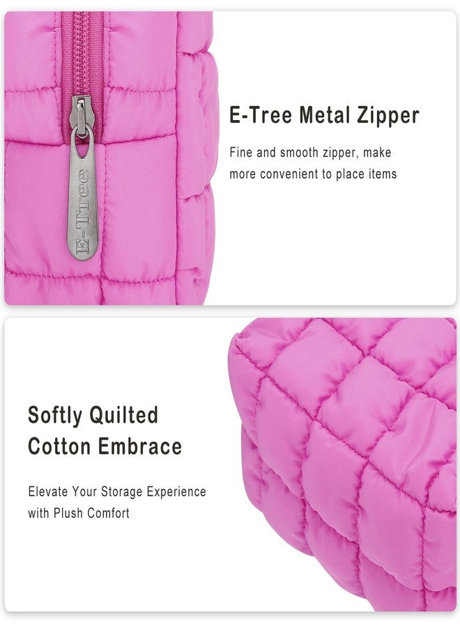 E-Tree Cute Makeup Bag,Quilted Cosmetic Bag,Make up Pouch for Purse,Toiletry Zipper Pouch,Checkered Bag,Travel Case,Storage Pouches for Organization (Hot Pink) - Image 5