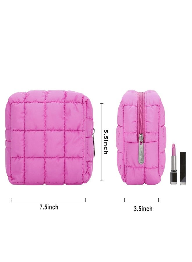 E-Tree Cute Makeup Bag,Quilted Cosmetic Bag,Make up Pouch for Purse,Toiletry Zipper Pouch,Checkered Bag,Travel Case,Storage Pouches for Organization (Hot Pink) - Image 2
