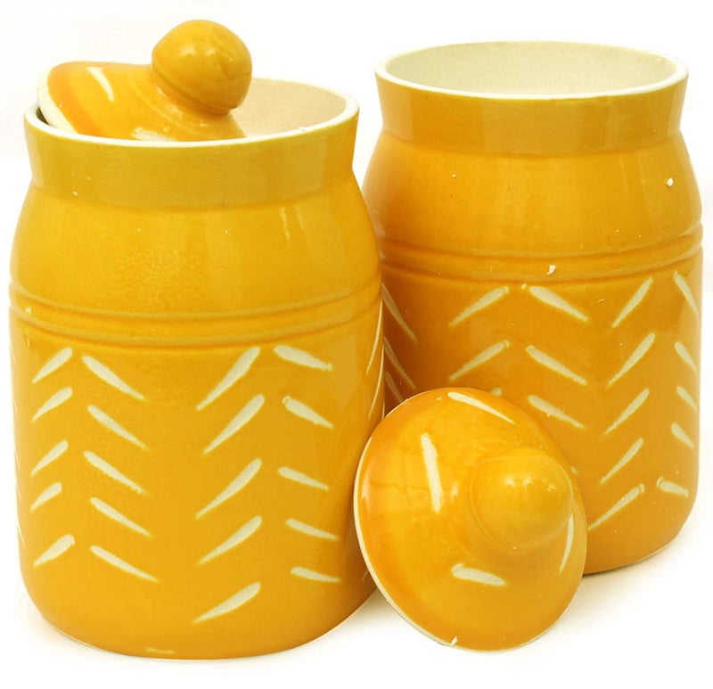 Jetwals S Ceramic 3D Cut Sunshine Elegant Pickle Jars with Unique Lids 500ML JARS YELLOW JAR 500ML PACK OF 2 - Image 2