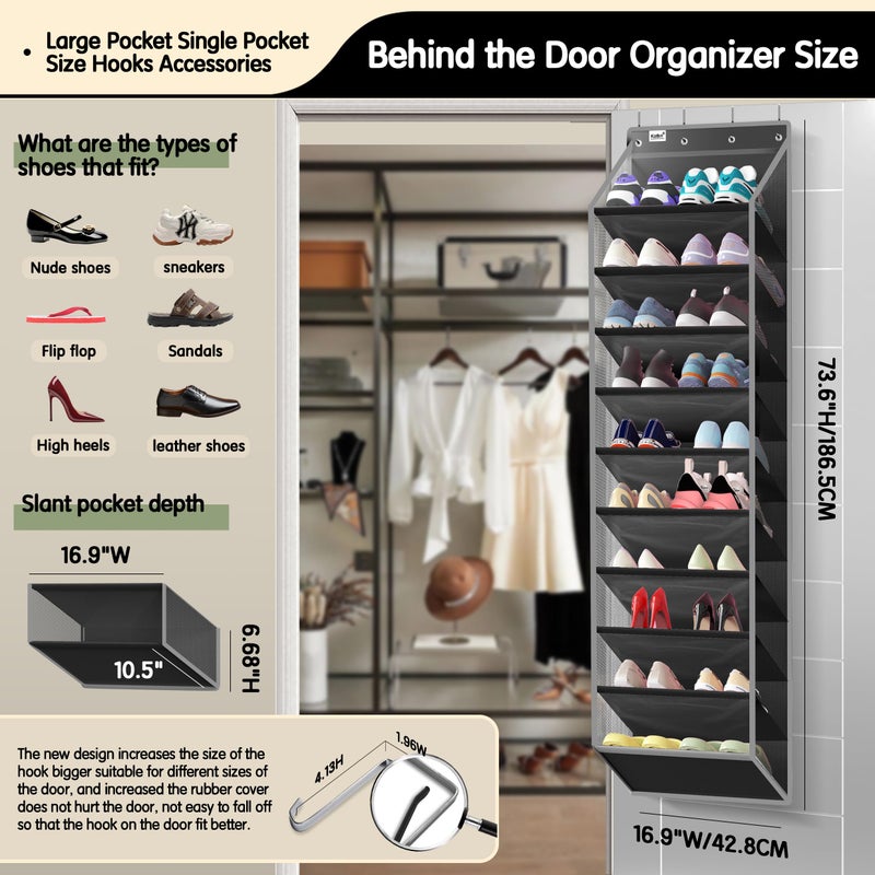 Kotkn 10 Tier Over The Door Organizer - Heavy Duty Hanging Storage Rack with Sturdy Oxford Fabric, Holds 20+ Pairs of Footwear, Boots & Sneakers, Saves 50% Closet Space (Black) - Image 2