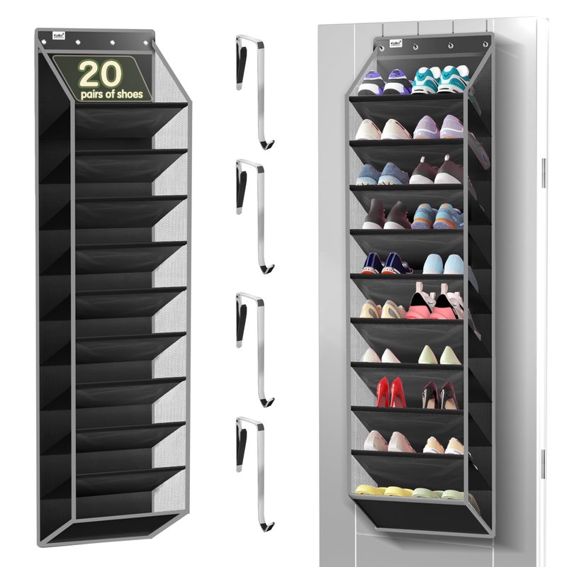 Kotkn 10 Tier Over The Door Organizer - Heavy Duty Hanging Storage Rack with Sturdy Oxford Fabric, Holds 20+ Pairs of Footwear, Boots & Sneakers, Saves 50% Closet Space (Black) - Image 1