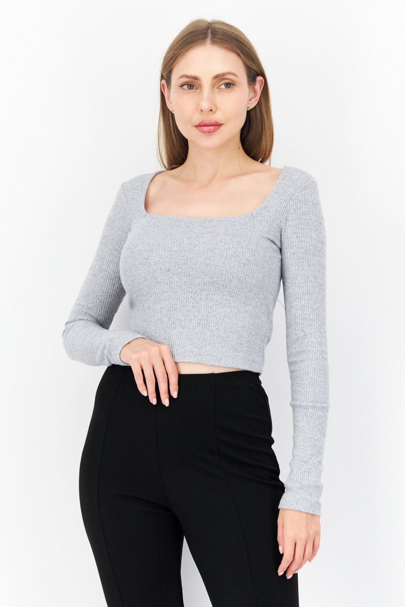 NA-KD بلوزة نسائية بأكمام طويلة وياقة مربعة، رمادي - Image 1