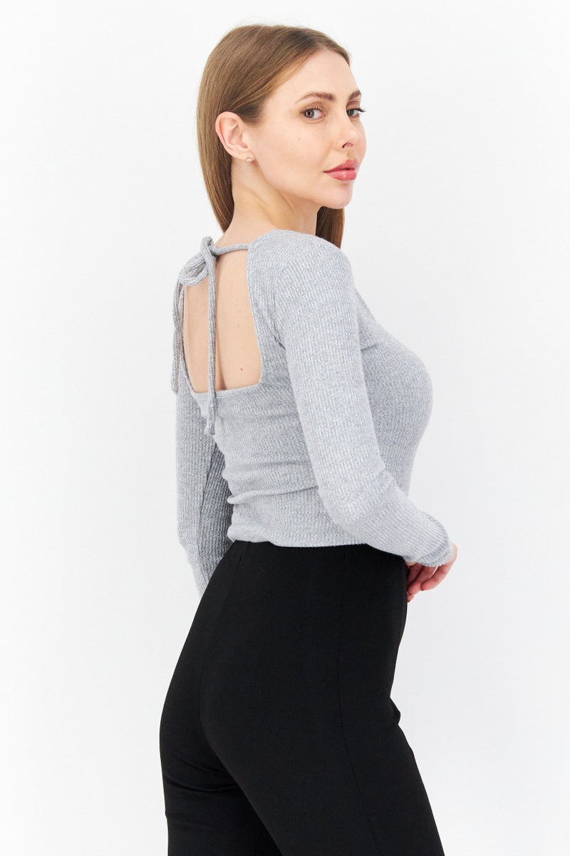 NA-KD بلوزة نسائية بأكمام طويلة وياقة مربعة، رمادي - Image 3