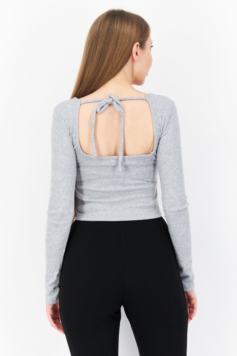 NA-KD بلوزة نسائية بأكمام طويلة وياقة مربعة، رمادي - Image 2