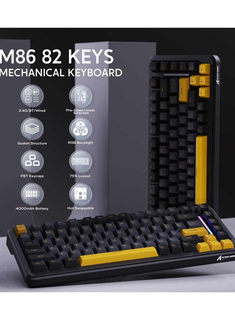 هجوم القرش كيبورد ميكانيكي لاسلكي M86 مكون من 83 مفتاح، 75% تصميم مع مرونة تبديل المفاتيح، أغطية مفاتيح من PBT مطبوعة من الجانبين، إضاءة خلفية RGB، مفاتيح مع زيت مسبق، كيبورد للألعاب ميكانيكي BT/2.4GHz/سلكي. - Image 2