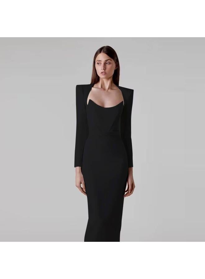 23 European And American New Women's Dress Hepburn Style Square Collar Horn Pad Shoulder Long Sleeve Bandage Dress Evening Dress Long Dress