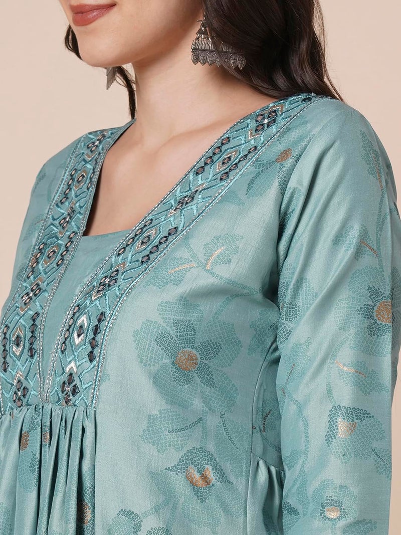 RATAN Women's Gold Printed Viscose Flared Mirrorwork Ethnic Wear Anarkali Kurta (SJWT-7409-M_Teal) - Image 5