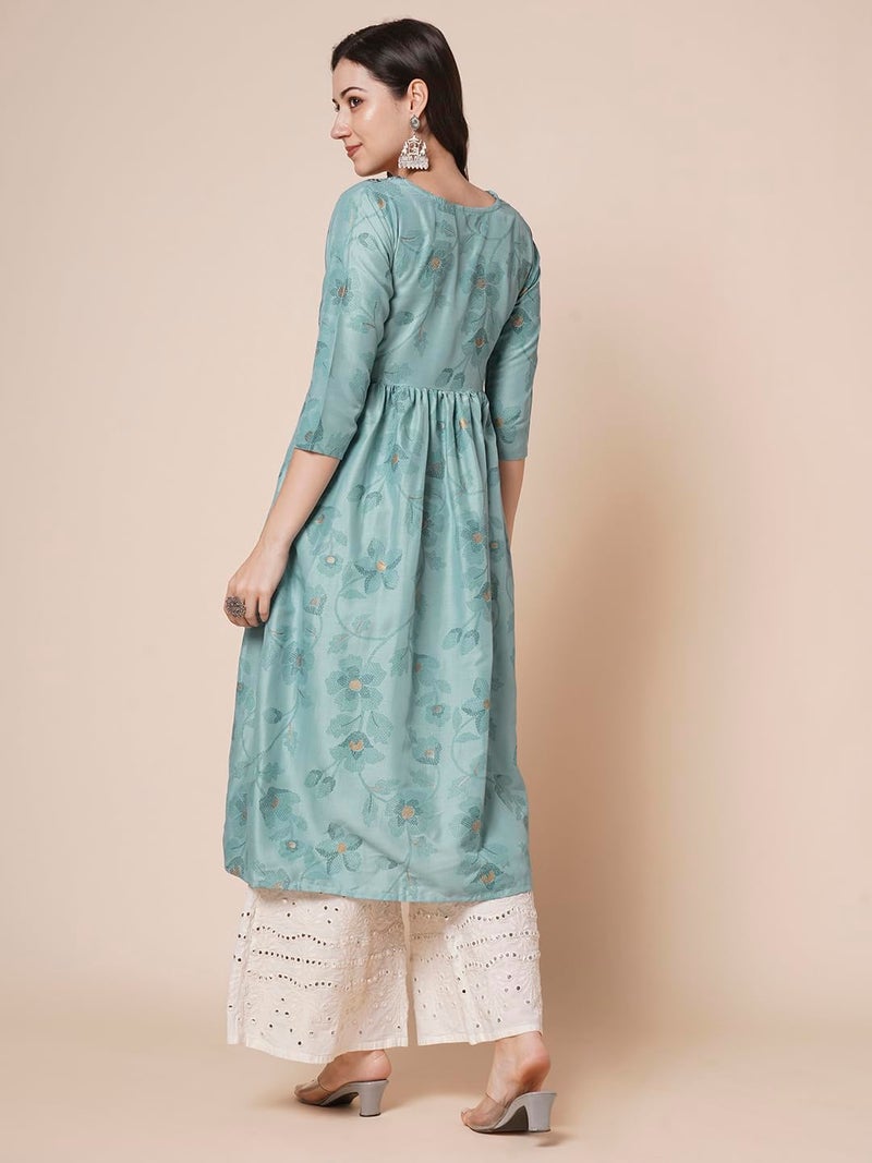 RATAN Women's Gold Printed Viscose Flared Mirrorwork Ethnic Wear Anarkali Kurta (SJWT-7409-M_Teal) - Image 2