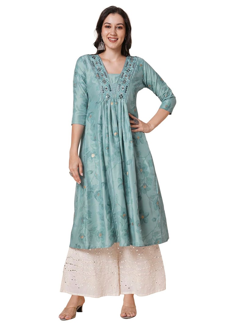 RATAN Women's Gold Printed Viscose Flared Mirrorwork Ethnic Wear Anarkali Kurta (SJWT-7409-M_Teal) - Image 1